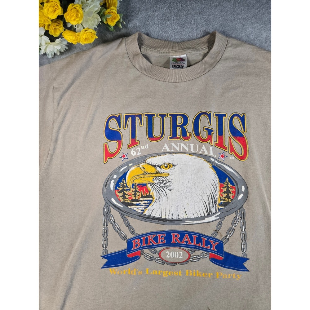 Vintage 2002 Sturgis Bike Rally 62nd Annual Eagle TShirt Tan Double Sided L